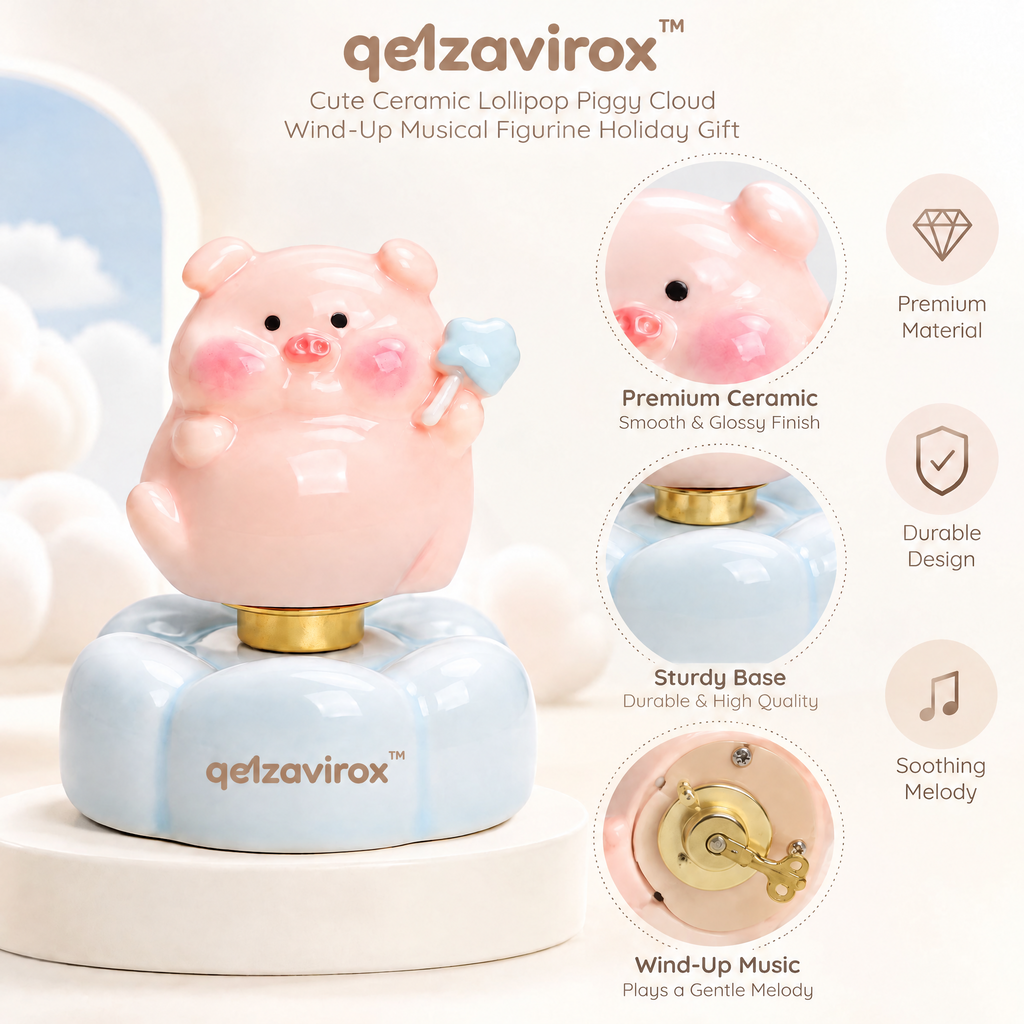 qelzavirox™ Cute Ceramic Lollipop Piggy Cloud Wind-Up Musical Figurine Holiday Gift