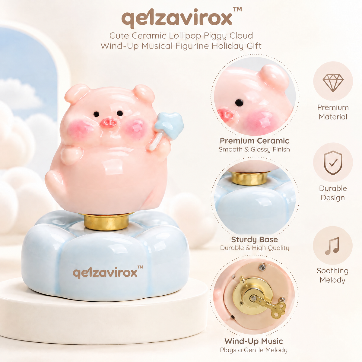 qelzavirox™ Cute Ceramic Lollipop Piggy Cloud Wind-Up Musical Figurine Holiday Gift