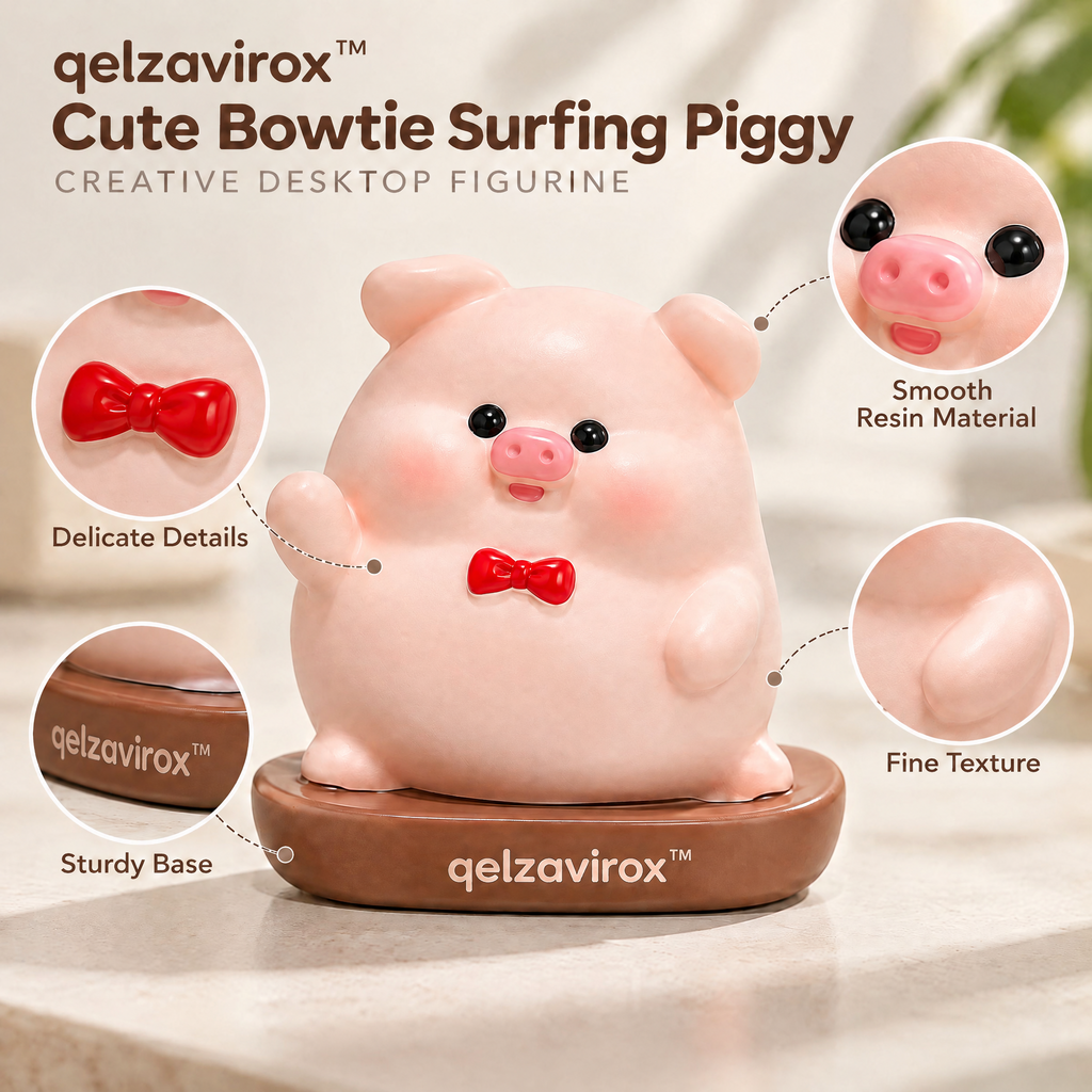 qelzavirox™ Cute Bowtie Surfing Piggy Creative Desktop Figurine