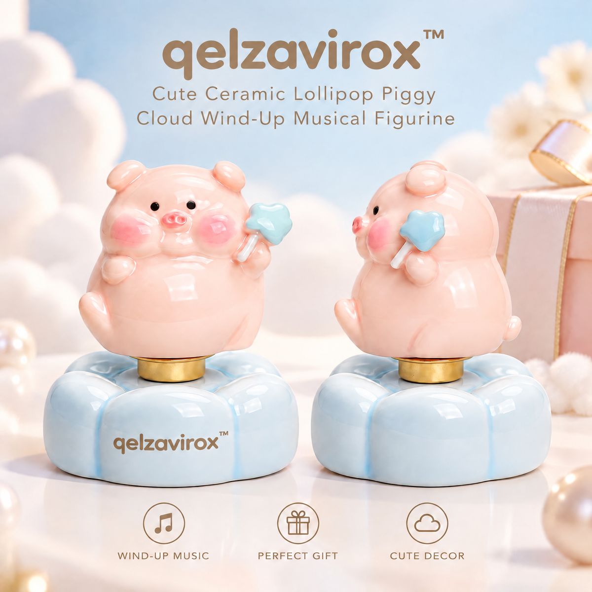 qelzavirox™ Cute Ceramic Lollipop Piggy Cloud Wind-Up Musical Figurine Holiday Gift