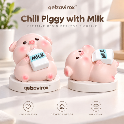 qelzavirox™ Chill Piggy with Milk Creative Resin Desktop Figurine