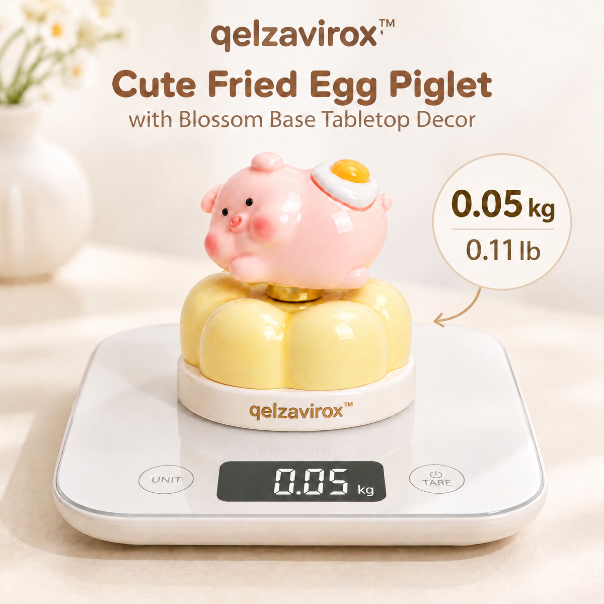 qelzavirox™ Cute Fried Egg Piglet with Blossom Base Tabletop Decor