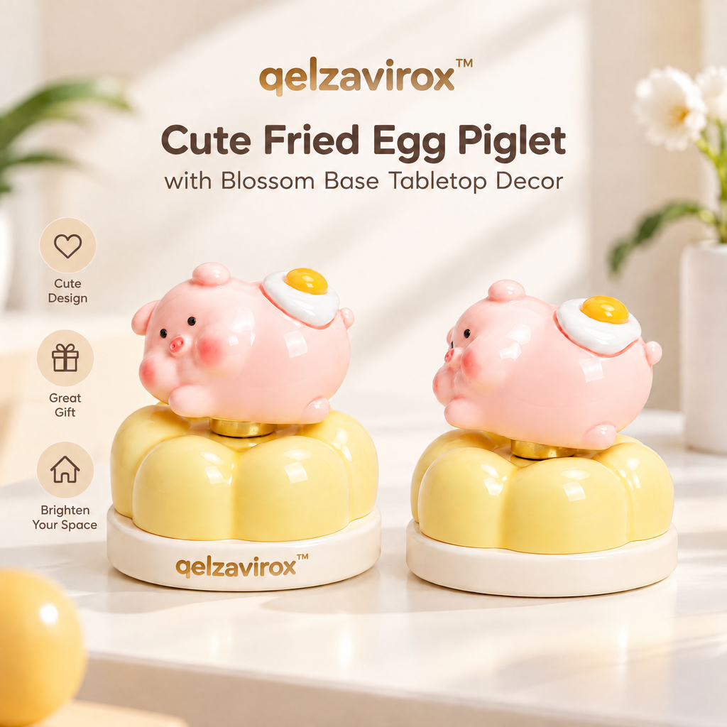 qelzavirox™ Cute Fried Egg Piglet with Blossom Base Tabletop Decor