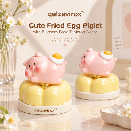 qelzavirox™ Cute Fried Egg Piglet with Blossom Base Tabletop Decor
