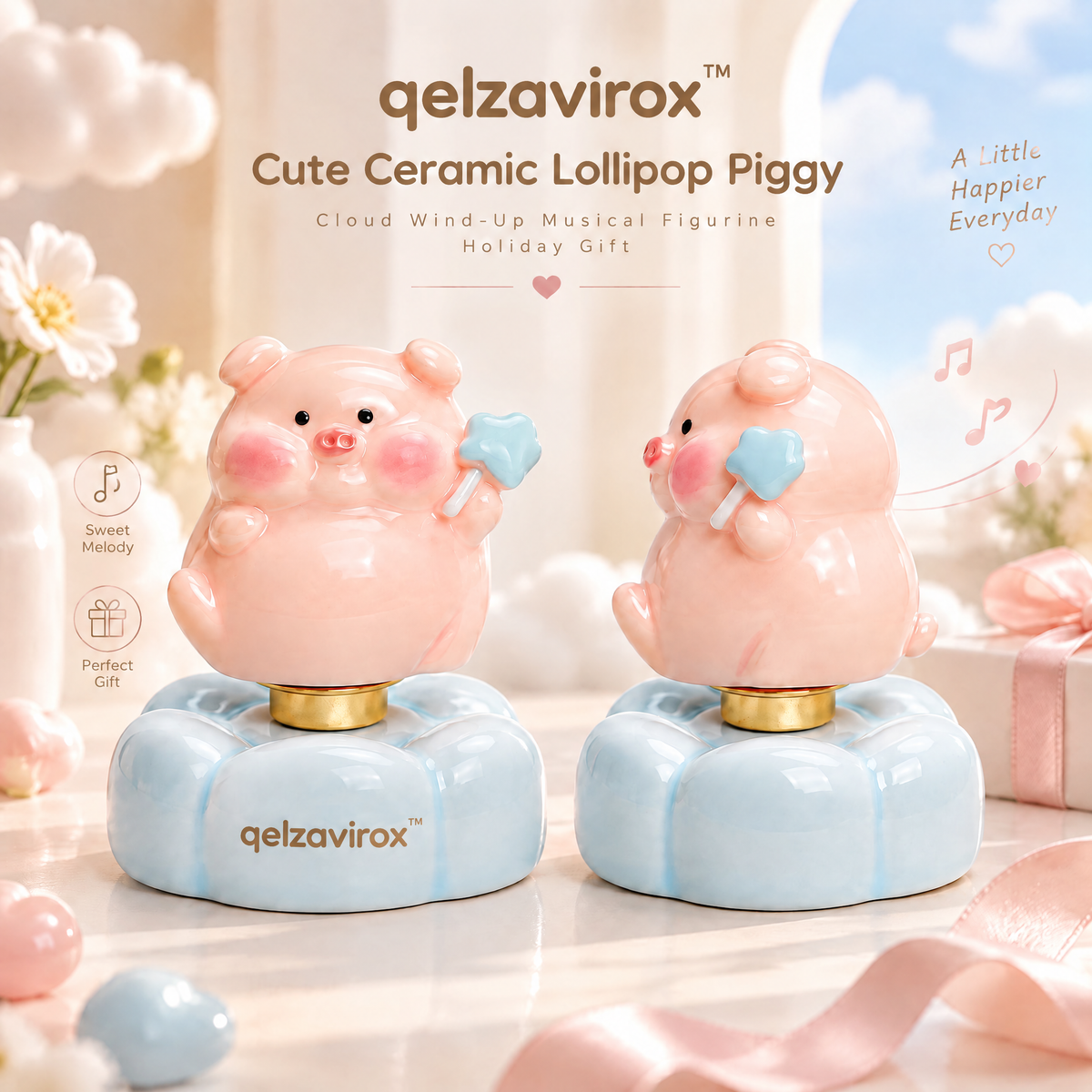 qelzavirox™ Cute Ceramic Lollipop Piggy Cloud Wind-Up Musical Figurine Holiday Gift