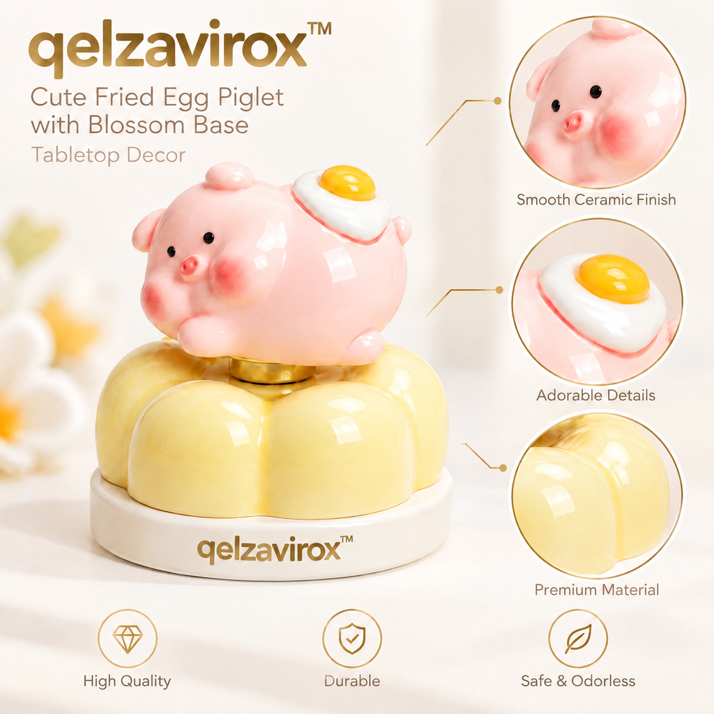 qelzavirox™ Cute Fried Egg Piglet with Blossom Base Tabletop Decor