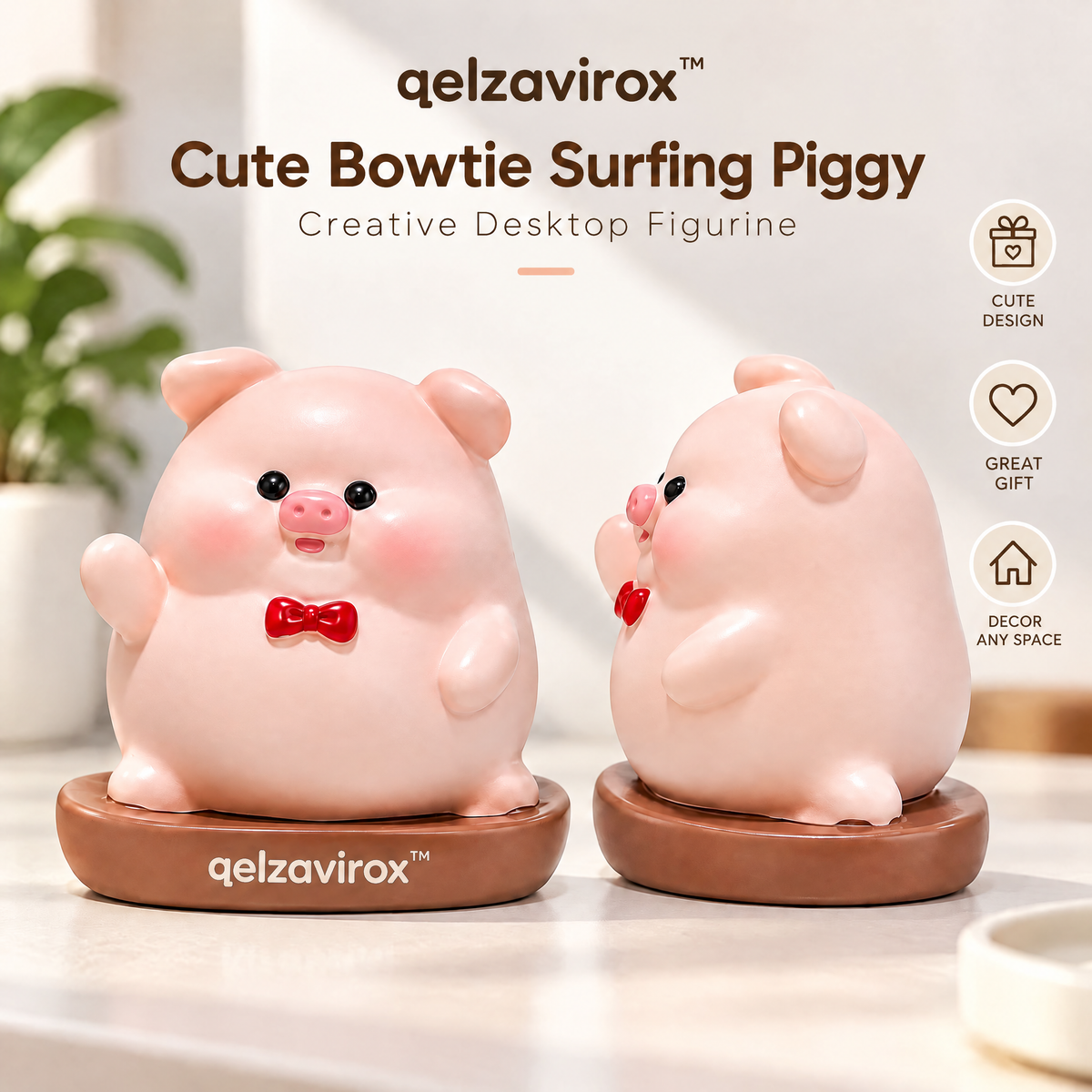 qelzavirox™ Cute Bowtie Surfing Piggy Creative Desktop Figurine